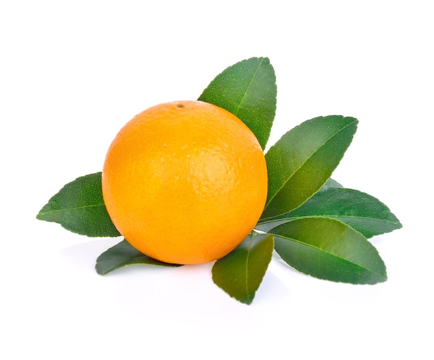 Laranja fresca com folhas isoladas em fundo branco