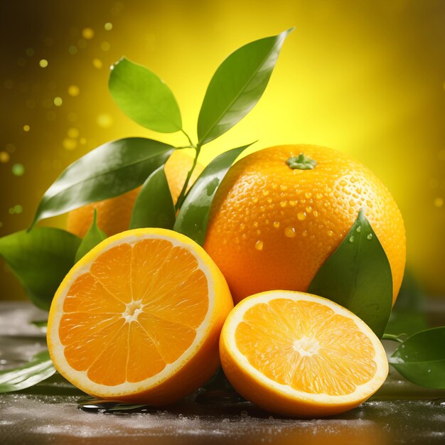 Laranja fresca e fatias com folhas vitamina de fundo