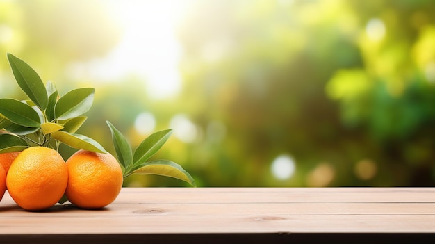 Laranja na madeira em desfoque de fundo verde