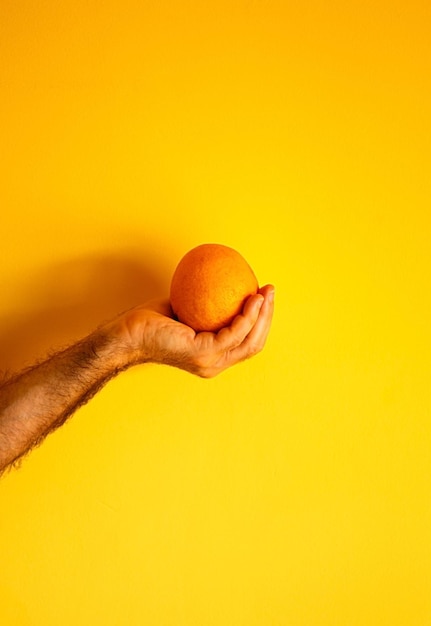 Laranja na mão na parede amarela