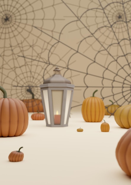 Laranja pastel bege claro 3D ilustração outono outono exposição de produtos com tema de Halloween fundo ou papel de parede com abóboras teias de aranha e lanterna com fotografia de vela horizontal xA