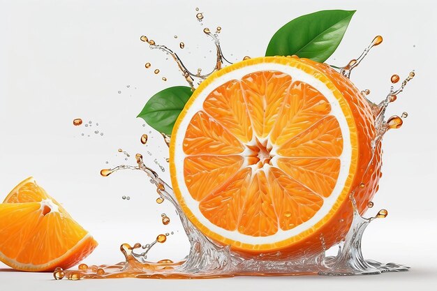 Laranja saborosa e molhada com suco fresco isolado sobre um fundo branco