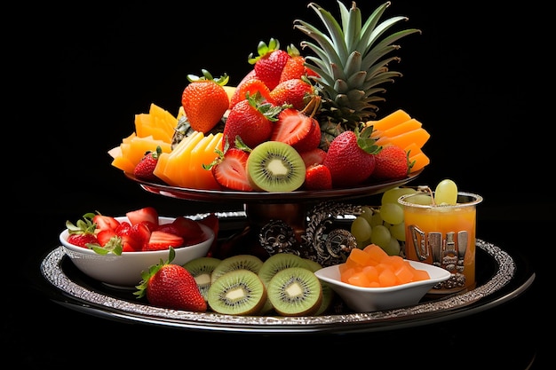 Foto laranjas dispostas em um prato de frutas colorido com kiwis e morangos