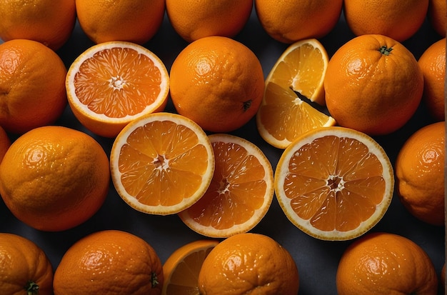 Laranjas e sumo de laranja dispostos em uma p simétrica