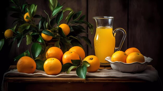 Laranjas e uma jarra de suco de laranja