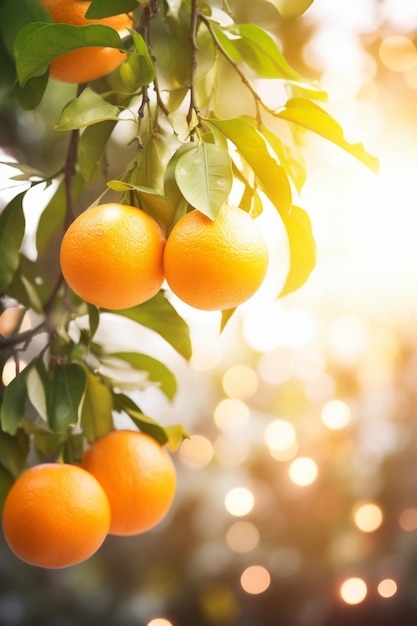 Laranjas em uma árvore com o sol atrás delas