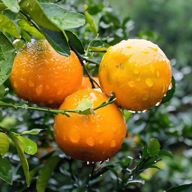 Laranjas encharcadas de chuva no jardim