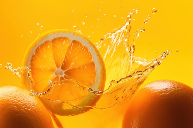 Laranjas frescas caindo em suco de laranja com efeito splash