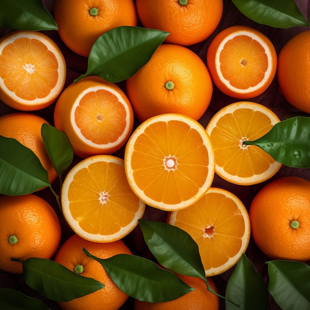 Laranjas frescas com folhas em fundo de madeira Vista superior Colocação plana