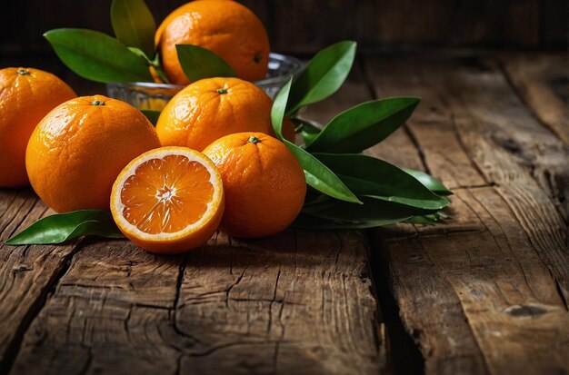 Laranjas frescas e sumo de laranja em uma madeira rústica