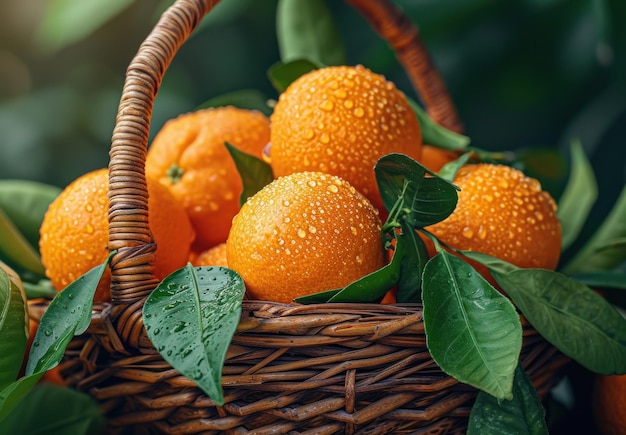 laranjas frescas em cesta de vime com folhas