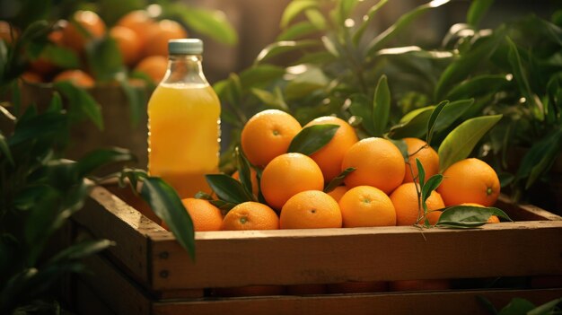 Laranjas frescas numa caixa com garrafas de sumo de laranja à luz do sol