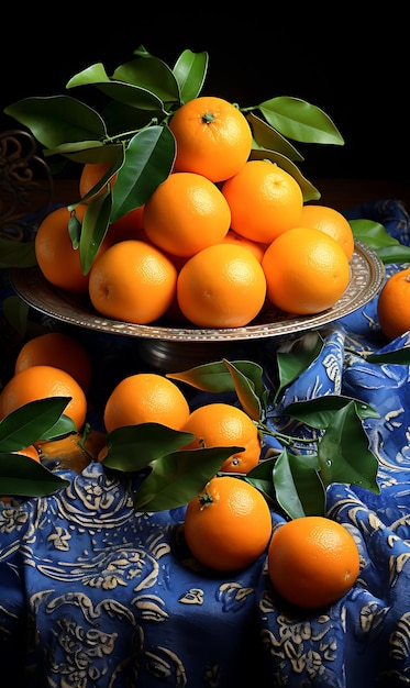 Laranjas maduras com folhas verdes na mesa de madeira