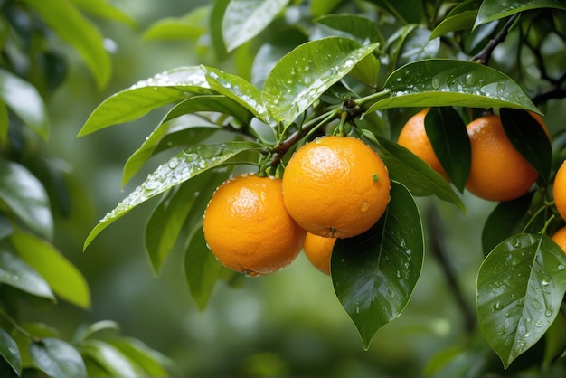 laranjas maduras numa árvore exuberante que promete frescura