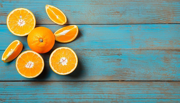 Laranjas orgânicas frescas em meias frutas em fundo de madeira azul com espaço de cópia