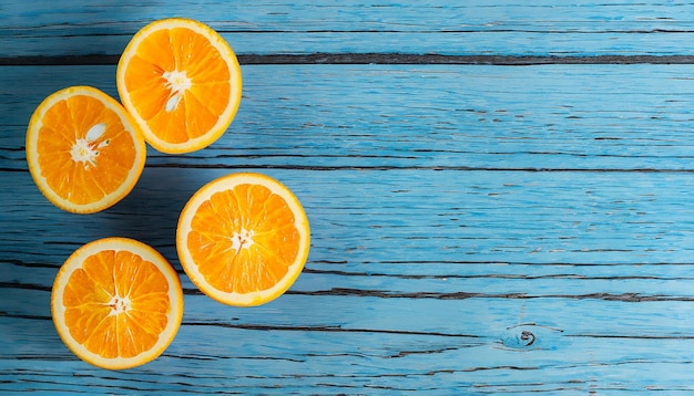 Laranjas orgânicas frescas em meias frutas em fundo de madeira azul com espaço de cópia