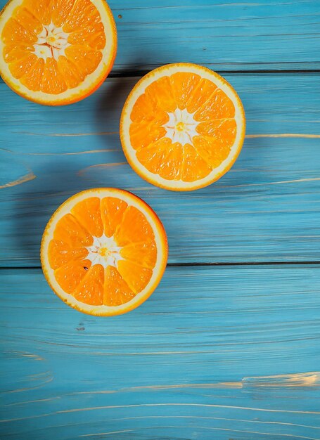 Foto laranjas orgânicas frescas em meias frutas em fundo de madeira azul com espaço de cópia