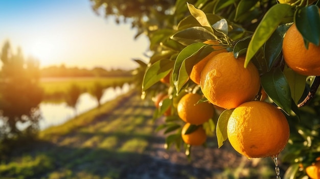 laranjas penduradas em uma árvore com o sol se pondo atrás delas