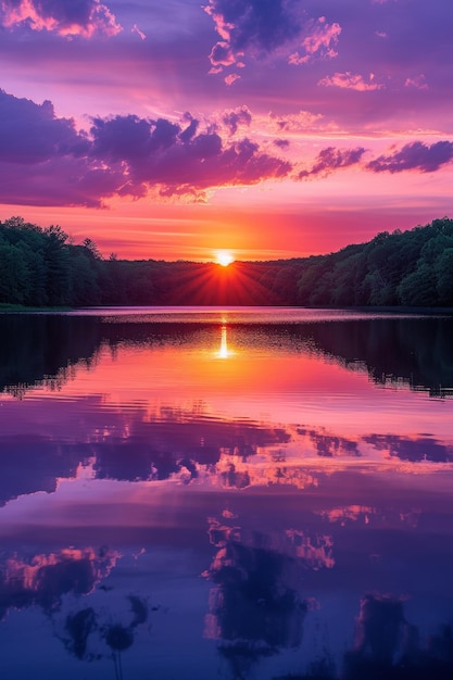Laranjas quentes, cor-de-rosa e roxa refletem a beleza serena de um lago tranquilo ao pôr-do-sol