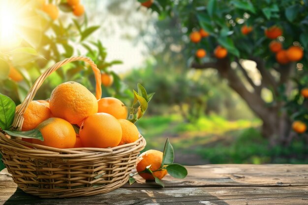 Laranjas recém-colhidas em uma cesta em uma mesa de madeira no bosque