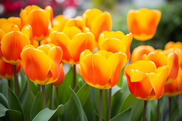 laranjas y tulipanes amarillos en un jardín de flores.