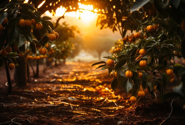 Foto laranjeiras e árvores crescendo em meio a um campo o sol está brilhando através das árvores com laranjas