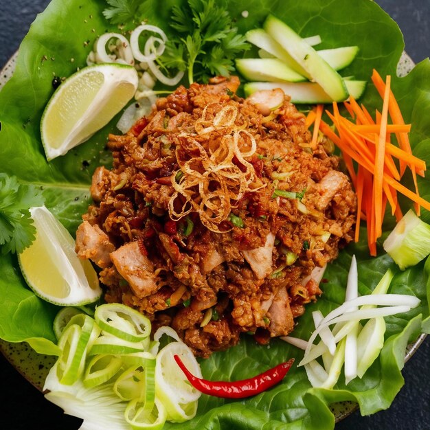 Foto larb de porco com cenoura, pepino, limão, cebola de primavera, pimenta fresca e alface