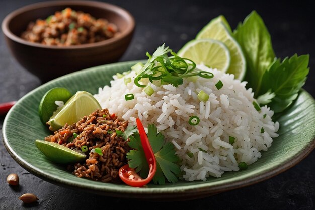 Larb por defecto con un lado de arroz de jazmín tailandés