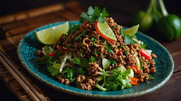 Larb padrão com esculturas de vegetais tailandeses