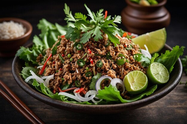 Foto larb padrão com guarnições tailandesas vibrantes