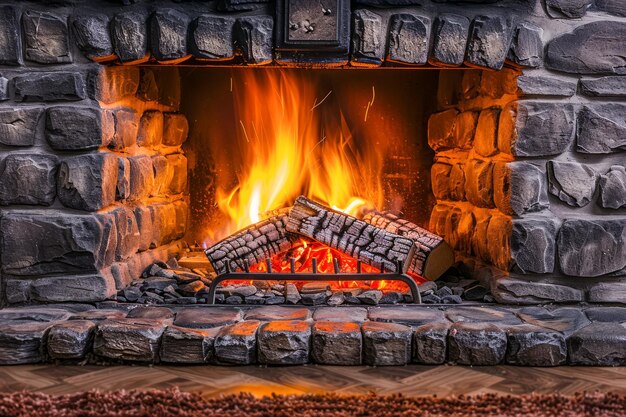 Lareira aconchegante com madeira queimada em lareira de pedra Fogo quente e brilhante em interior de casa rústica