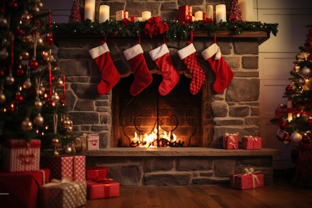 Lareira com decoração de Natal com meias vermelhas penduradas, árvore de Natal e presentes AI