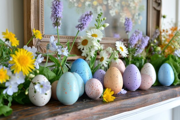 Lareira com moldura de ovos coloridos e flores de primavera