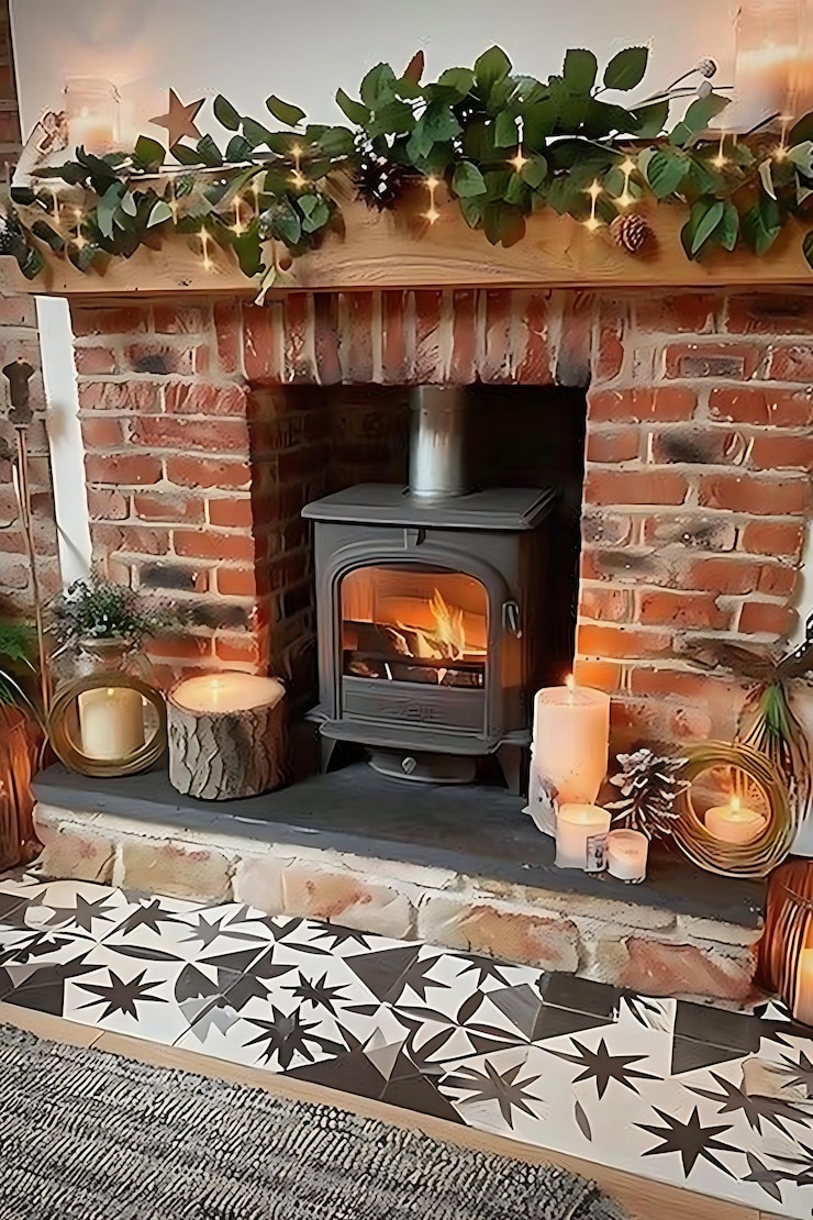 Foto lareira com velas e decorações em uma sala de estar