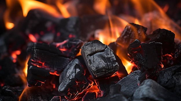 Lareira ou fogueira com carvões quentes de perto macro