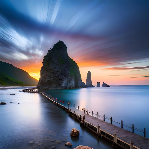 Una larga exposición de un muelle con una puesta de sol de fondo.