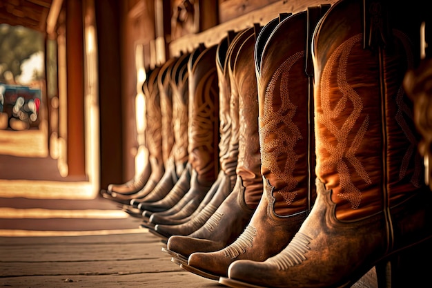 Larga fila de botas vaqueras de cuero en el rancho en el salvaje oeste
