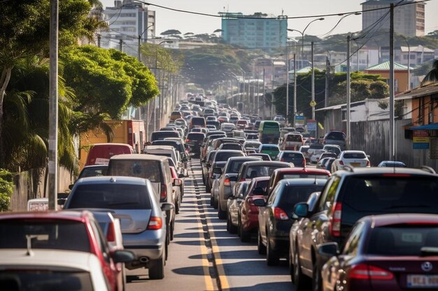 Foto una larga fila de coches que están atrapados en el tráfico