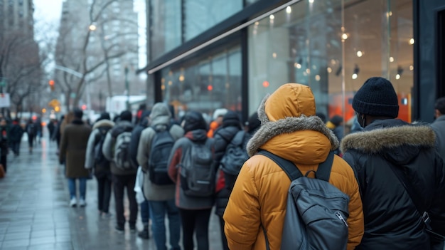 Foto una larga fila de desempleados esperando ayuda en una ciudad fría