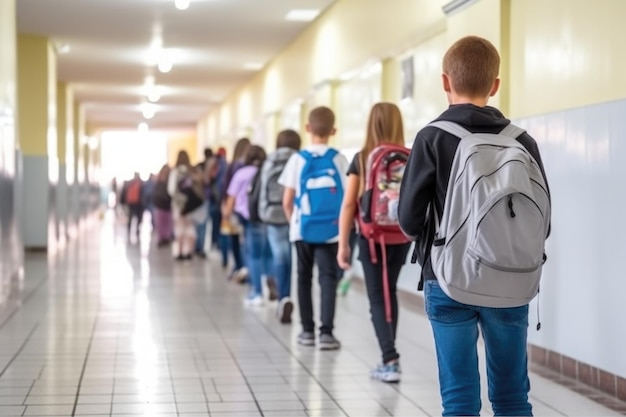 Una larga fila de estudiantes caminando por un pasillo