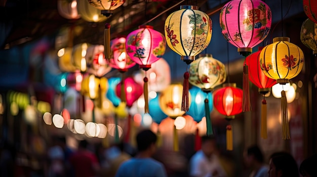 Una larga guirlanda de muchas linternas chinas multicolores festivas contra un fondo de cielo nocturno oscuro Decoraciones callejeras tradicionales de Año Nuevo