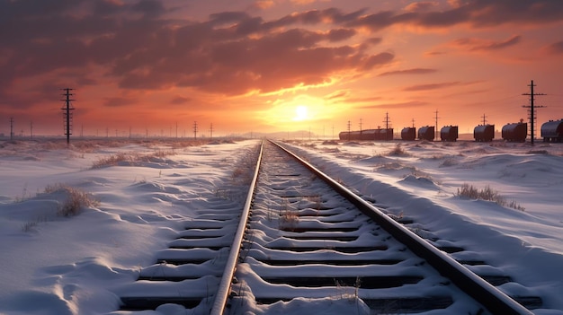 larga línea de tren en invierno