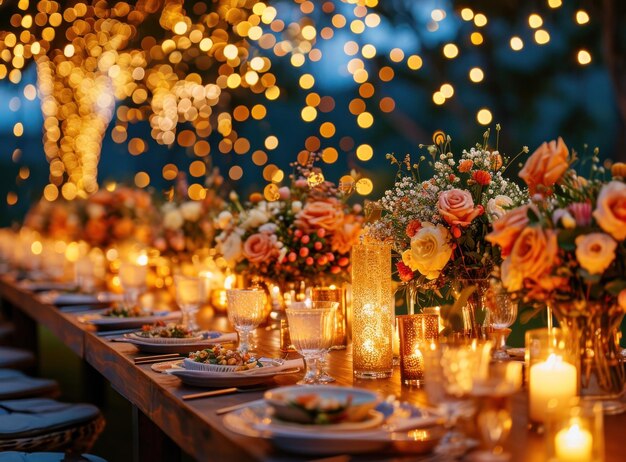 Una larga mesa adornada con abundantes velas y flores