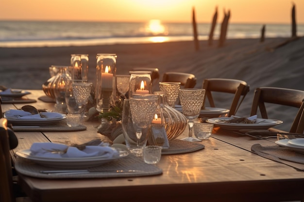 larga mesa de cena en la playa