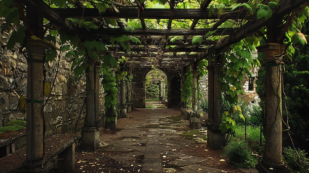 Foto una larga pasarela de piedra cubierta por una pérgola con vides cubiertas crea un hermoso y aislado camino