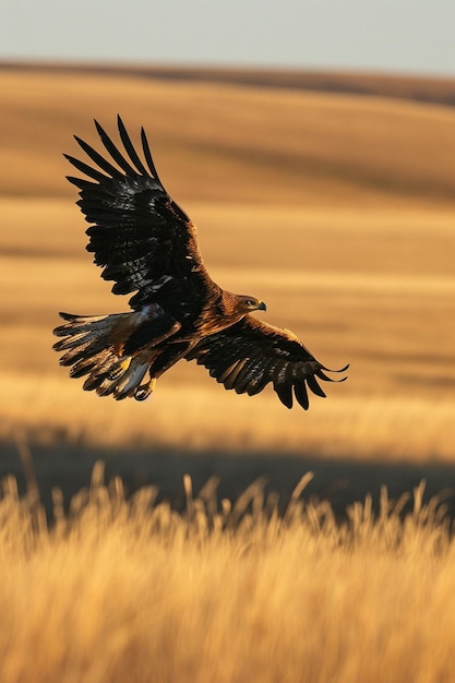 Foto larga sombra de un águila volando bajo sobre una llanura