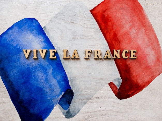 Larga vida a Francia. Viva Francia. Hermosa tarjeta patriótica. Primer plano, vista desde arriba. Concepto de fiesta nacional. Felicitaciones para familiares, parientes, amigos y colegas.