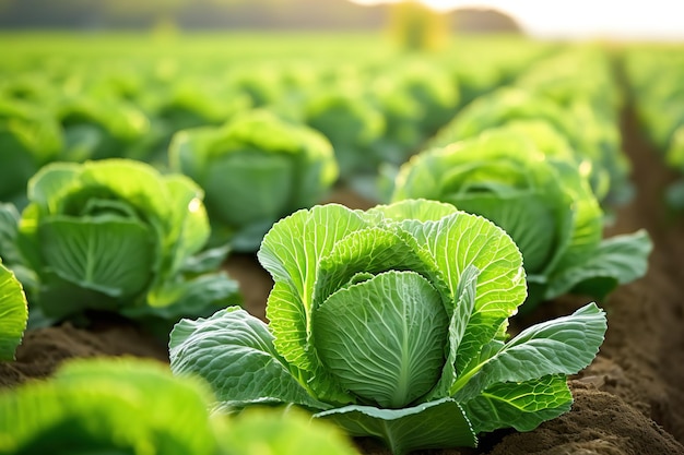 largas filas de lechos verdes con repollo o lechuga en crecimiento en el campo de un gran agricultor