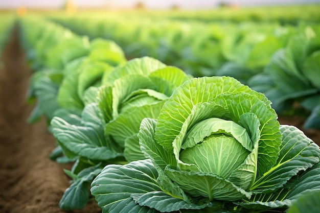 largas filas de lechos verdes con repollo o lechuga en crecimiento en el campo de un gran agricultor