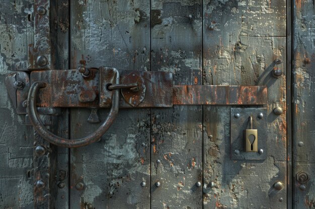 Large cadeado de metal em uma porta de metal pesado com um deadbolt porta de cadeado antiga